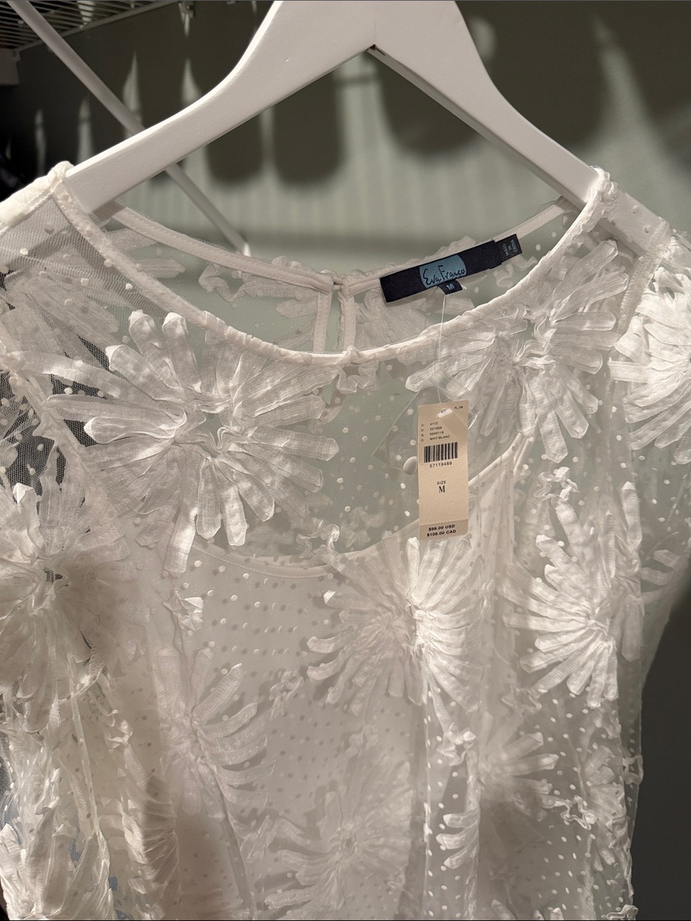 NWT White Floral Appliqué Sheer Long-Sleeve Blouse